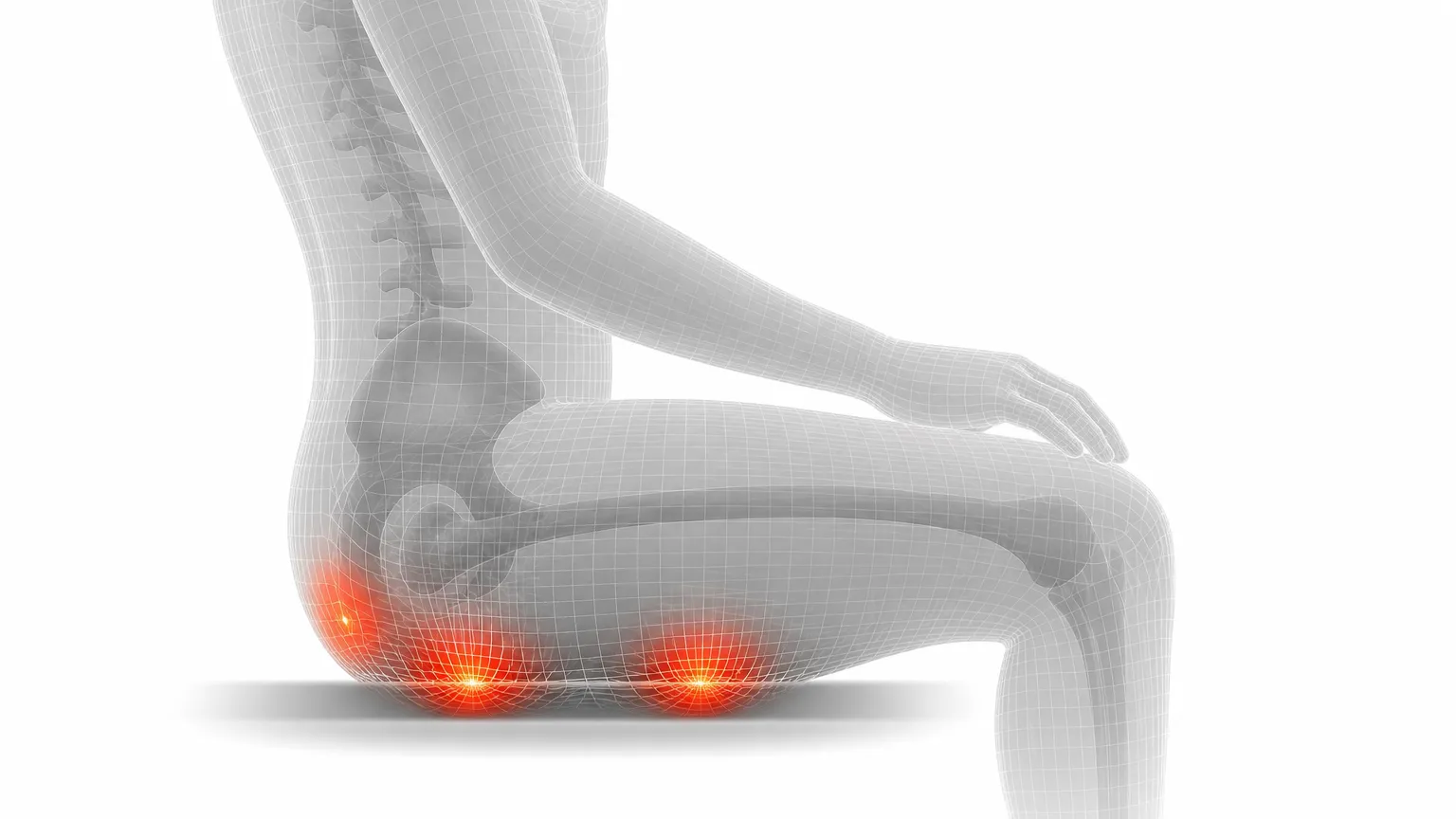 Photoreal render of a seated body showing pressure concentrated at the lower back and at the seat contact points, marked as red hot spots